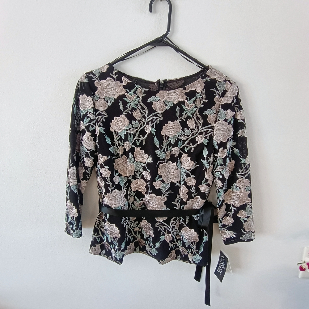 Alex Evenings Embroidered Floral Top Womens Small Black Peplum Sheer Overlay NWT